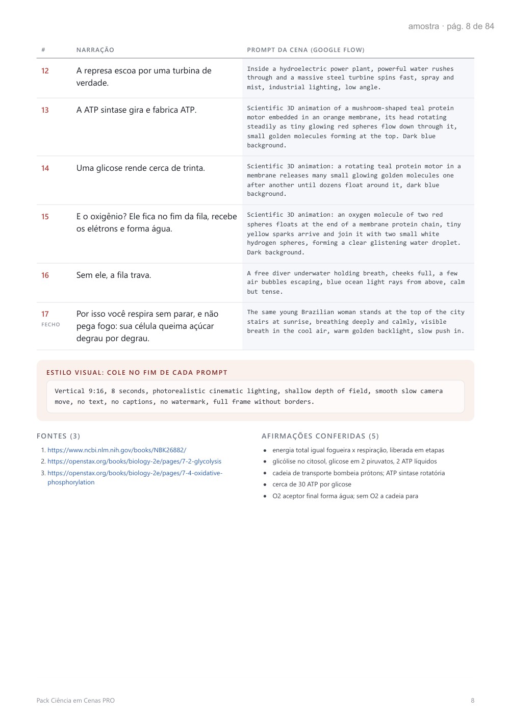 Página 8 do PDF: roteiro R01, cenas 12 a 17, trecho de estilo visual, 3 fontes com link e 5 afirmações conferidas